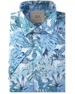 Blue Tropical Leaf Print Short Sleeve Casual Shirt Front