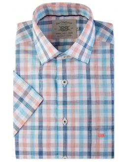 Peach and Blue Check Short Sleeve Casual Shirt Front