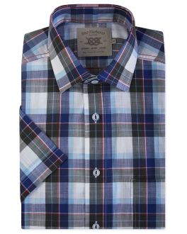 Blue, Navy and Red Check Short Sleeve Casual Shirt Front