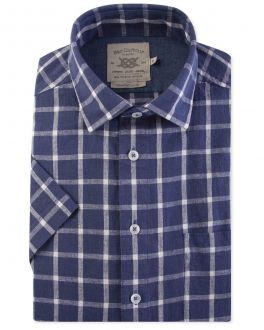 Denim Blue and White Check Short Sleeve Casual Shirt Front