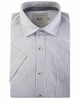 Recycled Cotton Grey and White Stripe Short Sleeve Casual Shirt Front
