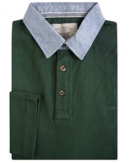 Green Denim Collar Long Sleeve Polo Shirt