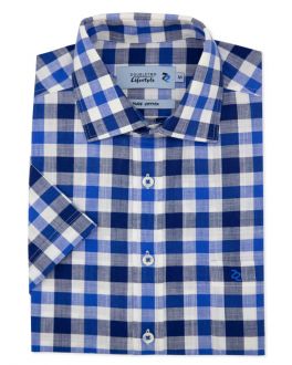Blue Slub-Weave Check Short Sleeve Casual Shirt