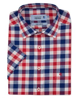 Red Slub-Weave Check Short Sleeve Casual Shirt