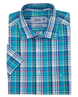Aqua Plain Weave Check Short Sleeve Casual Shirt