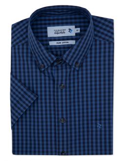 Blue & Black Solid Check Short Sleeve Casual Shirt