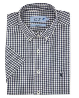White & Navy Double Grid Check Short Sleeve Casual Shirt