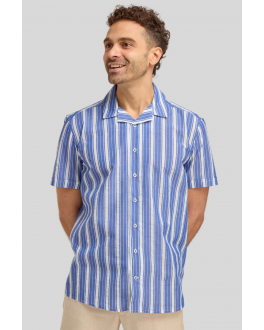 Blue & White Cuban Collar Striped Shirt