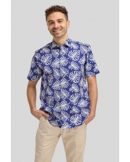 Navy Tropical Leaf Print Pure Cotton Short Sleeve Shirt