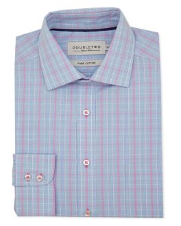 Blue and Pink Twill Weave Check Long Sleeve Formal Shirt