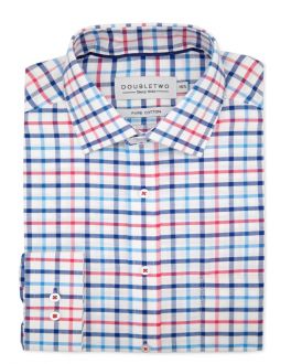 Navy & Red Check Oxford Weave Long Sleeve Formal Shirt