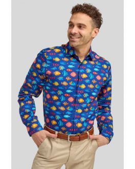 Tailored Fit Navy Tropical Fish Print Formal Shirt