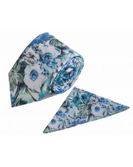 Blue Floral Cotton Tie and Handkerchief Set