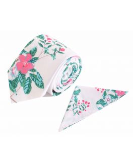 White Flower Patterned Cotton Tie and Handkerchief Set