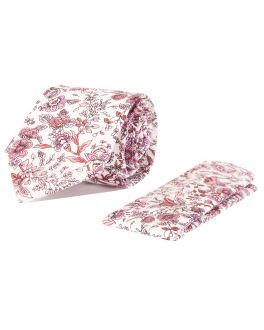 Pink and White Floral Cotton Tie and Handkerchief Set