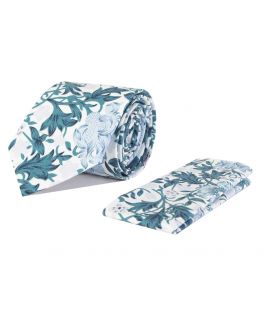 Teal and White Floral Cotton Tie and Handkerchief Set