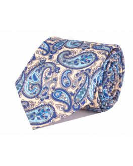 Beige & Light Blue Printed Paisley Patterned Tie