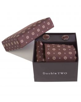 Brown Cross Patterned Tie, Handkerchief and Cufflink Gift Set