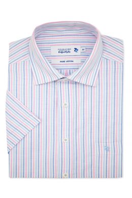 Blue & Pink Striped Short Sleeve Casual Shirt