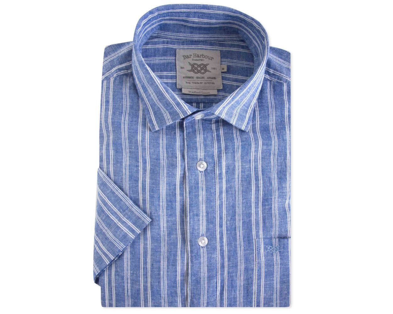 Men's Blue Stripe Linen Short Sleeve Casual Shirt | Double TWO