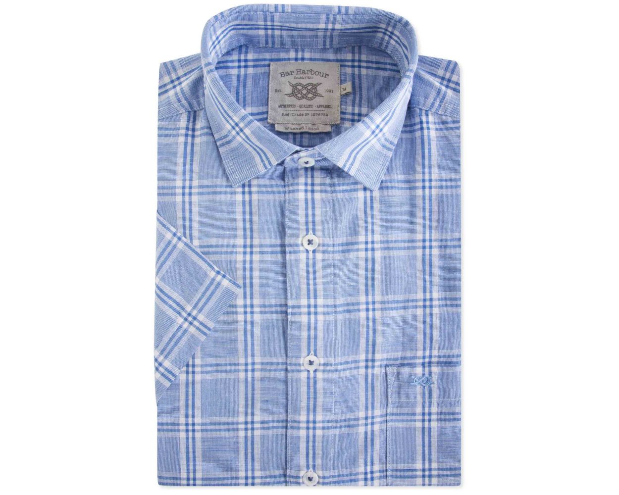 Men's Blue Check Linen Short Sleeve Casual Shirt | Double TWO