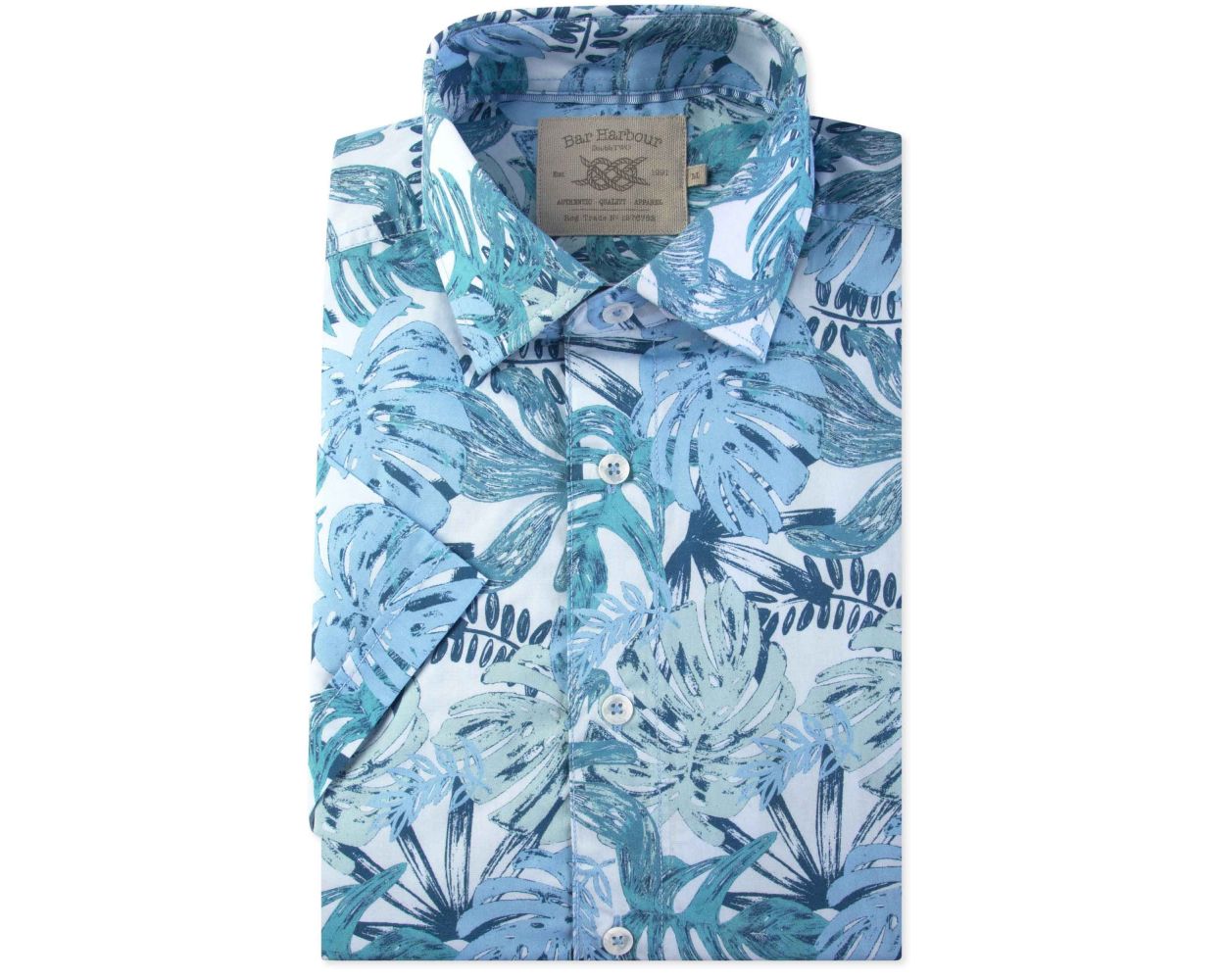 Men's Blue Tropical Leaf Print Short Sleeve Casual Shirt | Double TWO