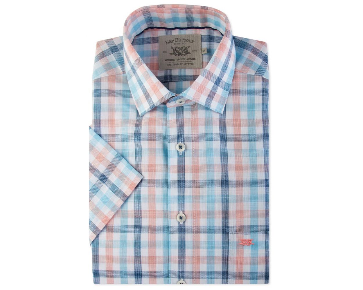 Men's Peach and Blue Check Short Sleeve Casual Shirt | Double TWO