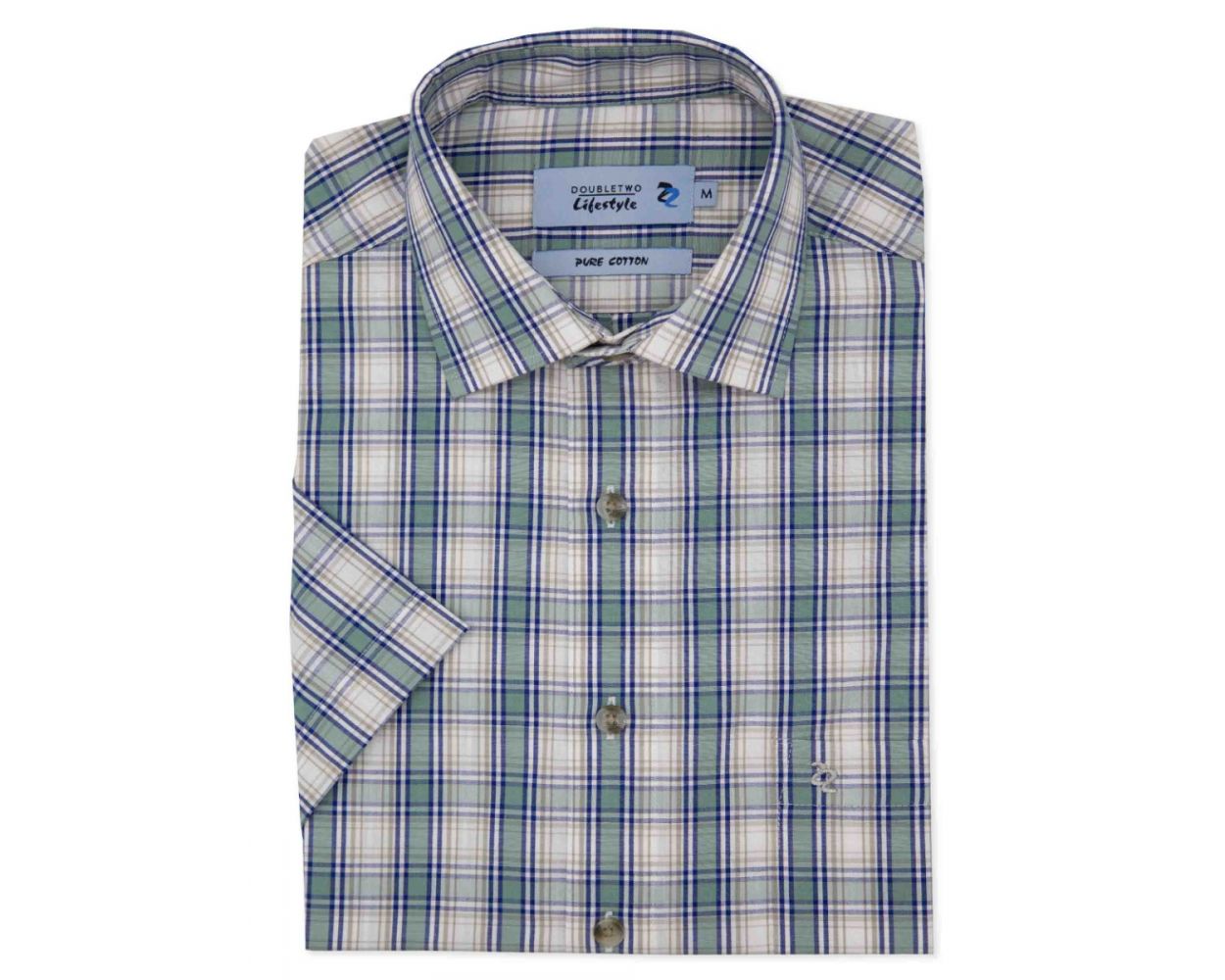 Sage Green Check Short Sleeve Casual Shirt | Double TWO
