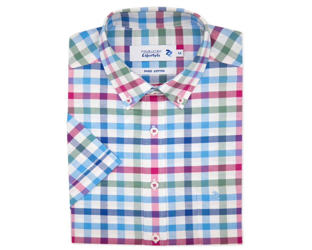 Blue & Red Large Gingham Check Short Sleeve Casual Shirt | Double TWO