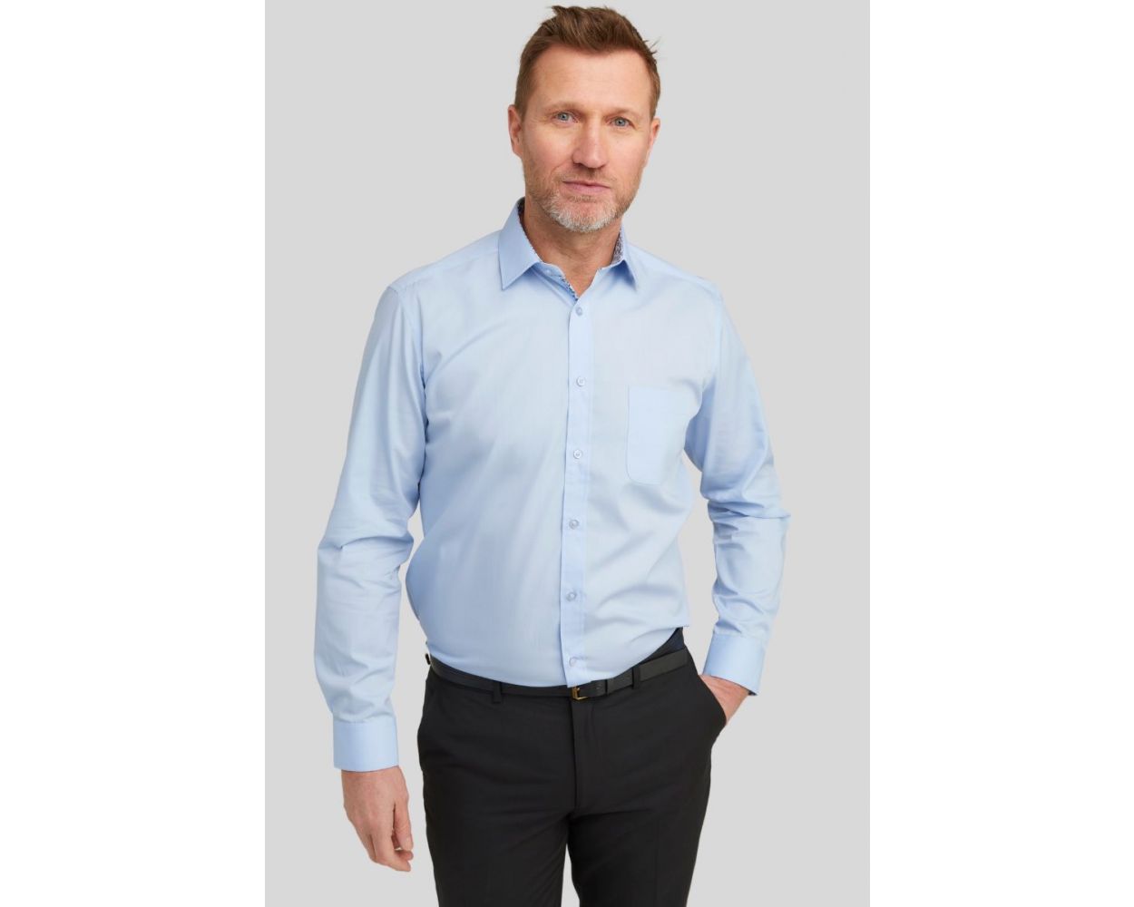 Glacier Blue Long Sleeve Non-Iron Shirt with Floral Contrast Trim