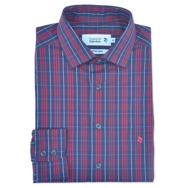 Red Plain Weave Check Long Sleeve Casual Shirt