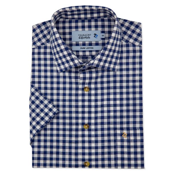 Navy Blue Multi-Weave Check Short Sleeve Casual Shirt