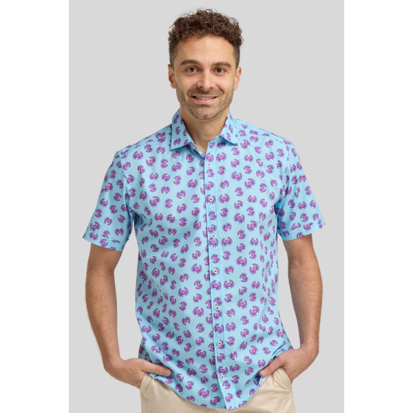Aqua Crab Print Pure Cotton Short Sleeve Shirt