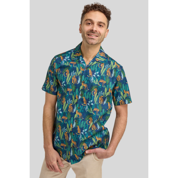Navy Open Neck Collar Jungle Print Casual Shirt