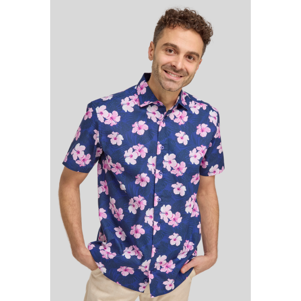 Navy & Pink Floral Hawaiian Casual Shirt