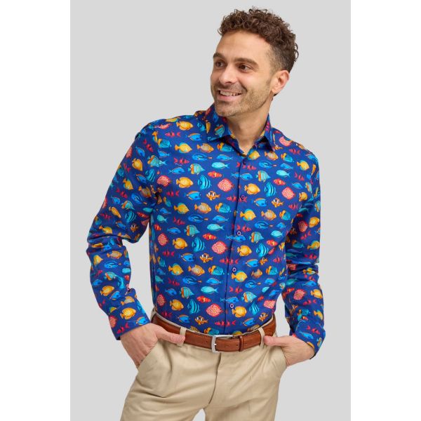 double two Tailored Fit Navy Long Sleeve Fish Print Shirt