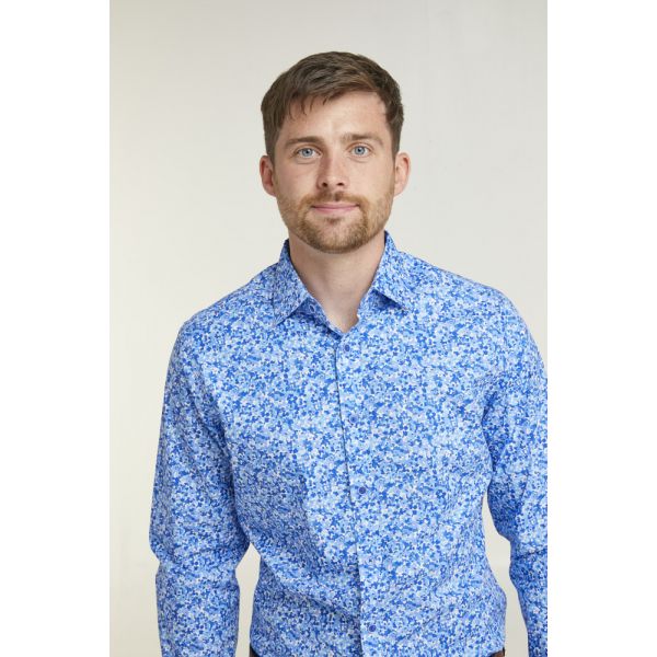 Blue Flower Print Long Sleeve Formal Shirt