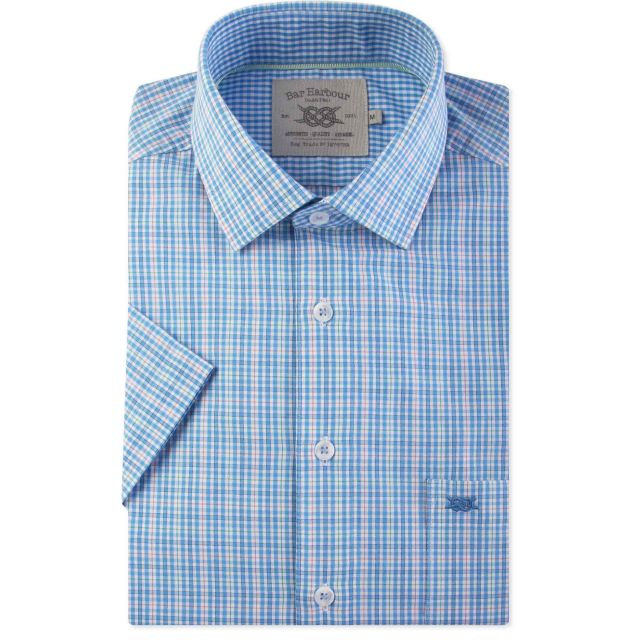 Men's Denim Blue Linen Blend Short Sleeve Casual Shirt | Double TWO