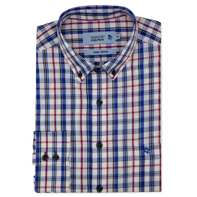 Navy Blue & Beige Check Long Sleeve Casual Shirt | Double TWO