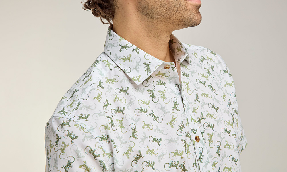 collar closeup of man wearing  Khaki Lizard Print Short Sleeve Shirt by double two